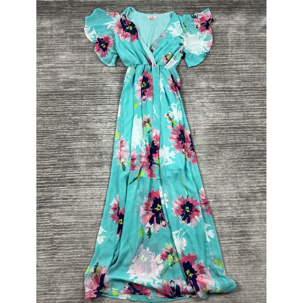 P.S. Love Dress Womens Small Blue Green Floral Ruffle Short Sleeve Polyester‎